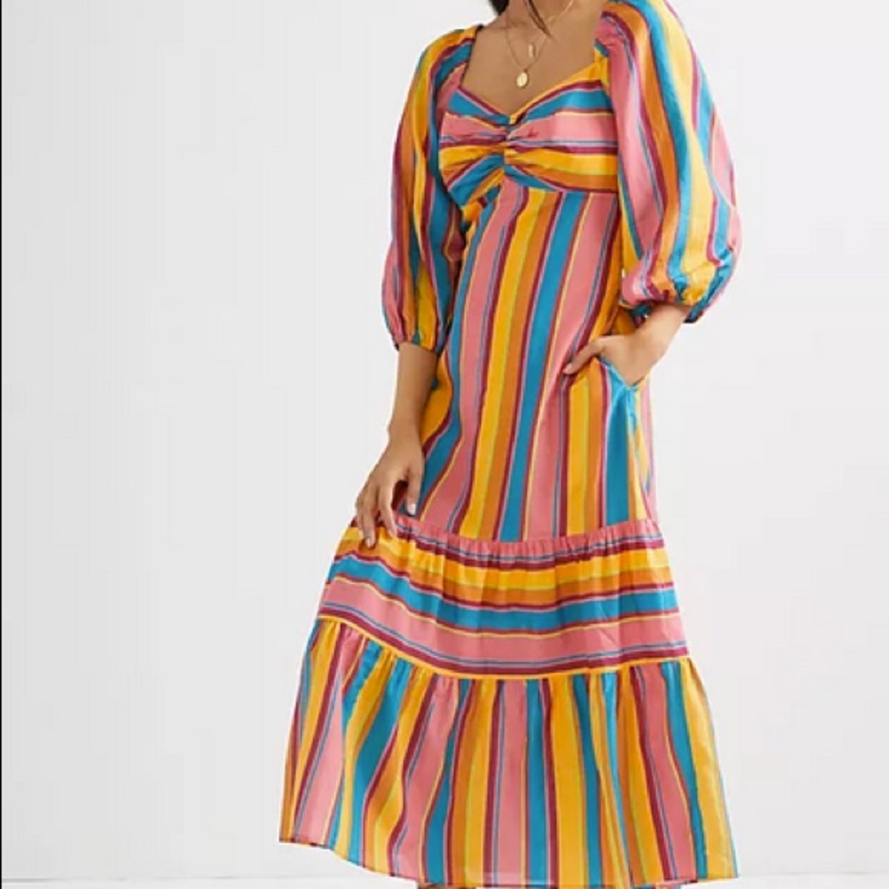 NWT Anthropologie Farm Rio Rainbow Stripe Midi Dress  XS